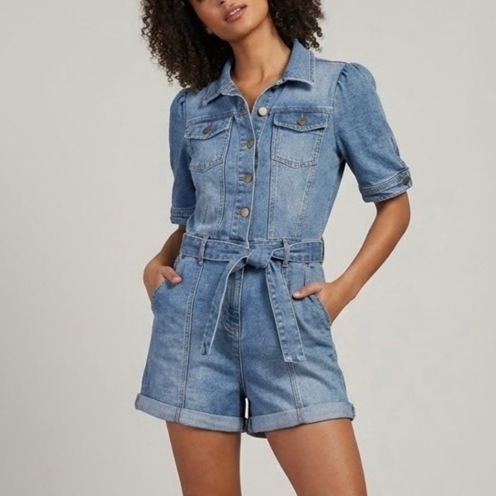 Avec Les Filles Denim Romper Cotton Blue Belted Puff Sleeve Utility Size Small